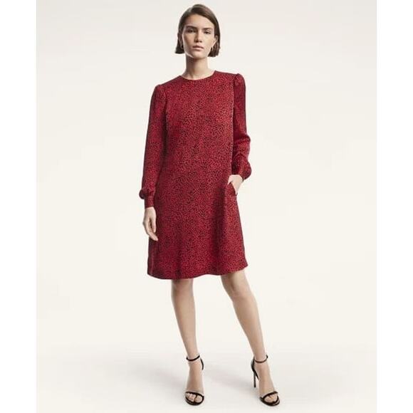 Brooks Brothers Soft Satin Animal Print Dress Red Black Puff Sleeve Womens 8 - Picture 1 of 6